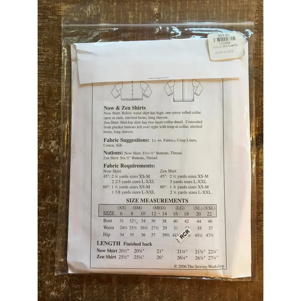 Sewing Workshop Pattern Womens Now & Zen Shirts 6-22 UNCUT